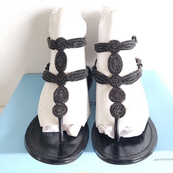 New ANTONIO MELANI black leather sandals with ornate black chain detailing - Picture 1 of 11